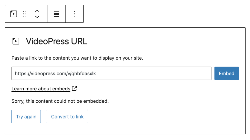 Error displayed when the content could not be embedded in the WordPress.tv block