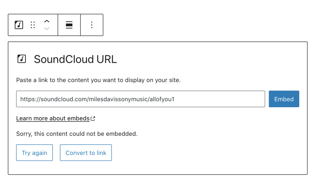 Error message when you cannot embed a URL in the SoundCloud block