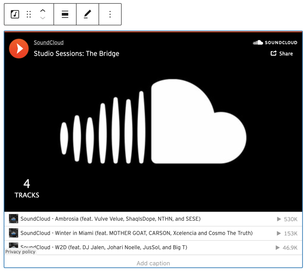 Preview of a playlist in the SoundCloud block