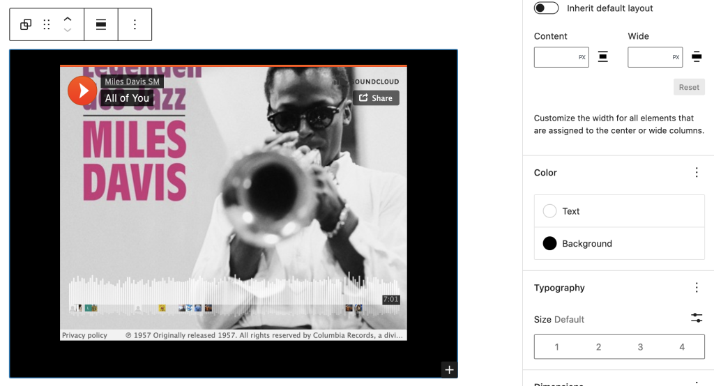 Editor view of a SoundCloud Embed as a group with Color Settings controls