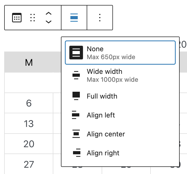 Change alignment in the Calendar block