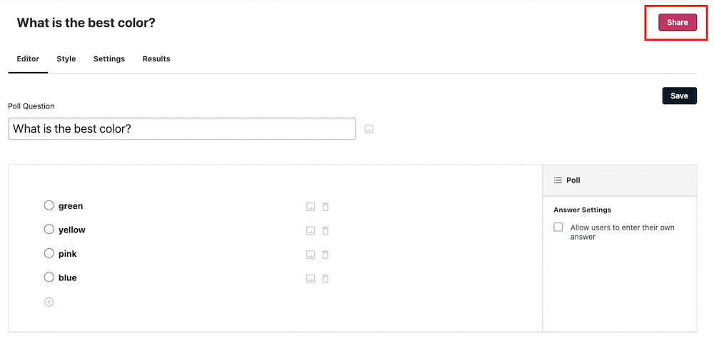Sharing your Crowdsignal poll via the Edtior panel.