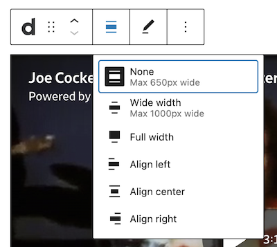 Alignment options for the Dailymotion block: wide width, full width, align left, align center, and align right.