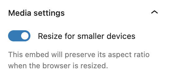 Media settings for the Dailymotion embed block with the toggle ON for resizing on smaller devices.