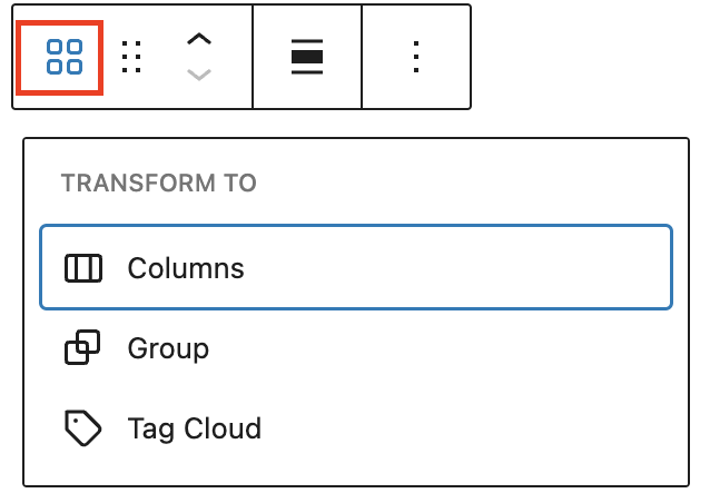 Transform tool in the Categories List block