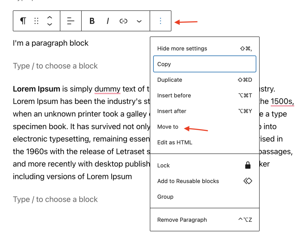 Using the Move to option in the block toolbar