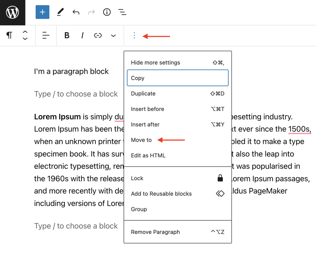 Using the Move to option when the block toolbar is pinned to the top toolbar
