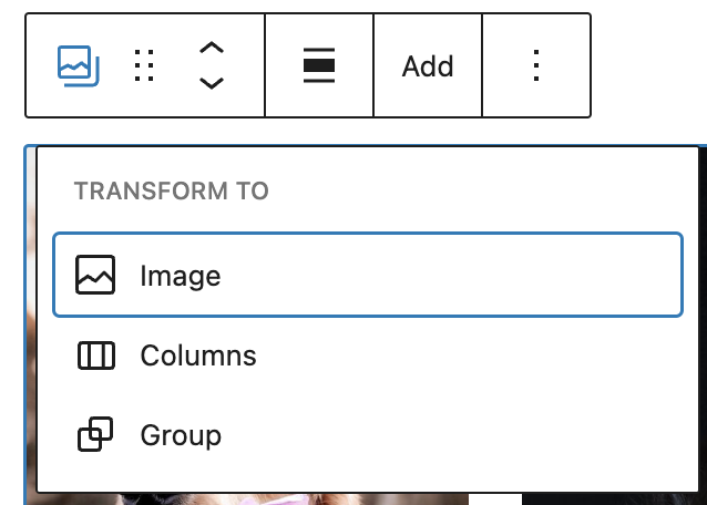 Transforming the gallery block into a different type of block