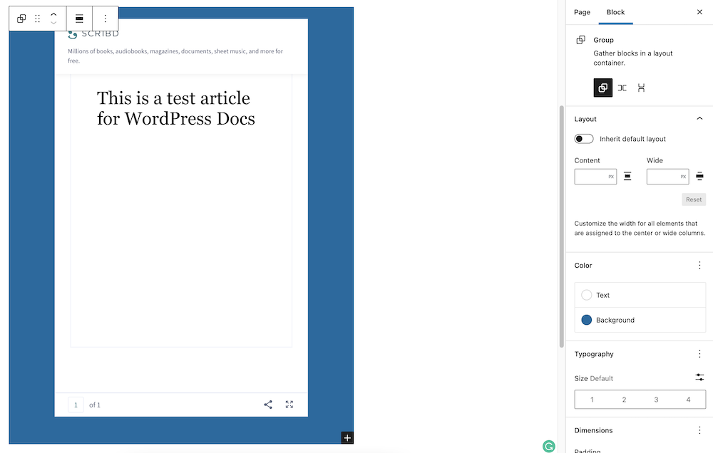 Example of transforming Scribd block to group and updating the background and text color of the group.