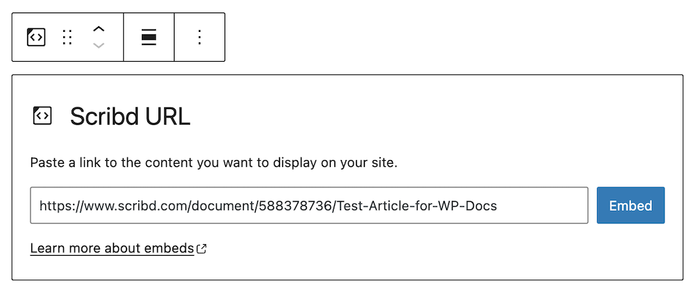 Editing the Scribd block URL via the "edit" option.