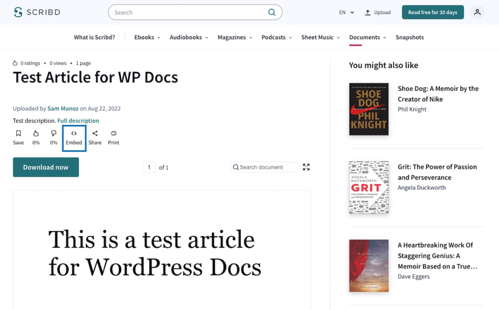 A test article shown in Scribd with "Embed" highlighted.