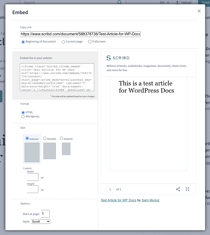 The pop up Embed panel with options.