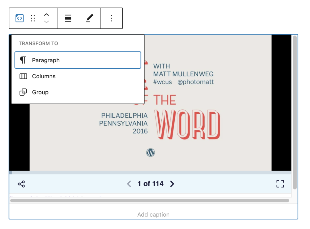Transform tool in the Slideshare embed block