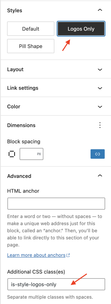 Advanced settings with the default Styles CSS classes added by WordPress based on the Styles chosen.