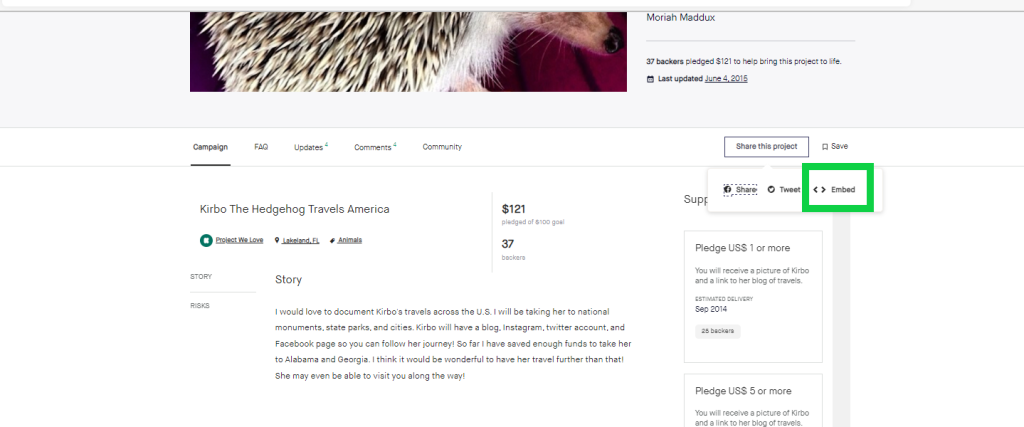 Finding the Embed option for a Kickstarter project.