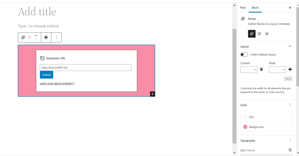 Group settings for the Kickstarter Embed block.