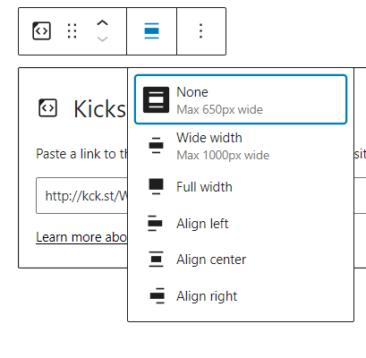 Alignment options for the Kickstarter Embed block.