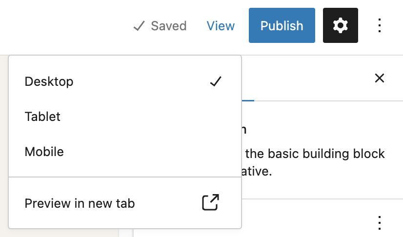 View drop down menu in the WordPress Block Editor