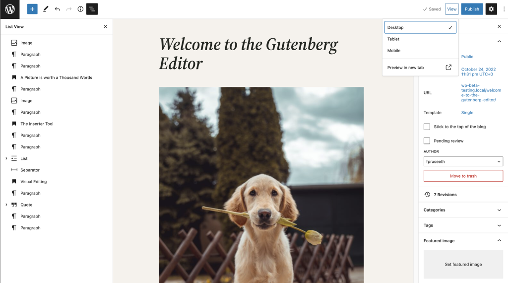 Desktop view for the View option