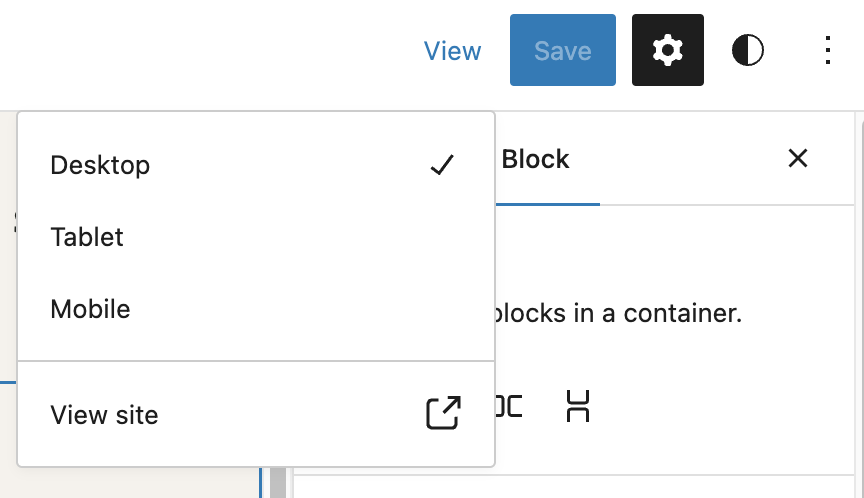 View drop down menu in the Site Editor