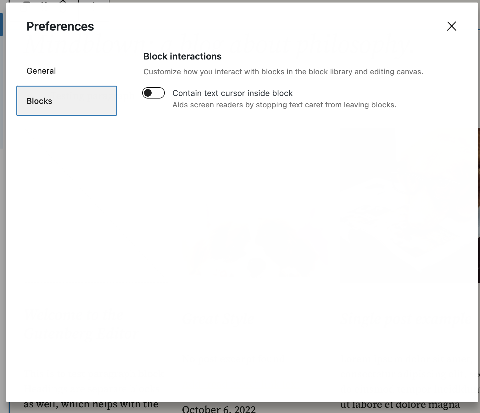 Blocks tab in the Preferences in Site Editor