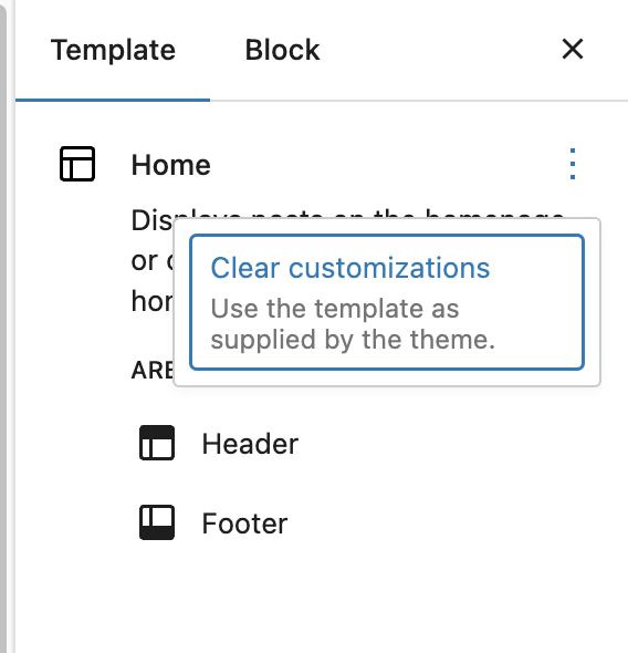 Clear customizations in the sidebar for site editor