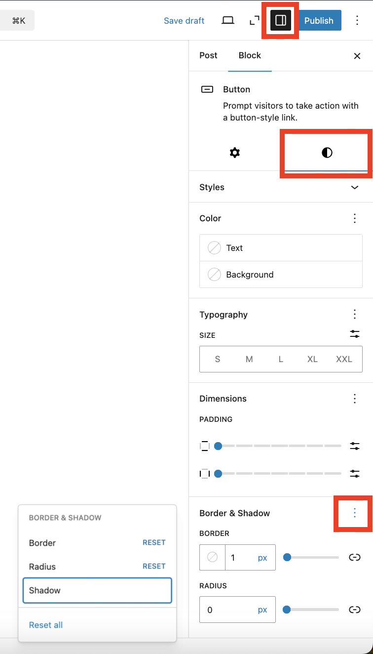 Border & Shadow section in the Block Settings sidebar