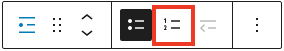 The List Block ordered list option in the Toolbar.