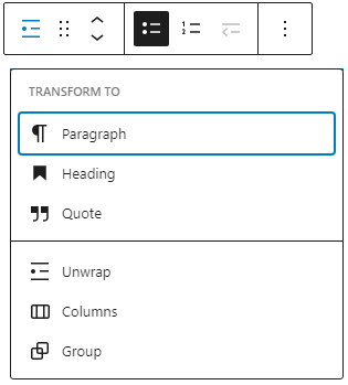 The List Block Transform modal.