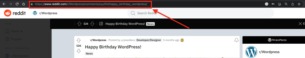 Screenshot of Reddit and the correct URL to copy to use the embed block.
