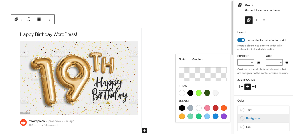 Example of transforming Reddit block to group and updating the background to gradient.