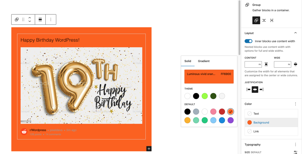 Reddit embed with an orange background inside the Group block  
