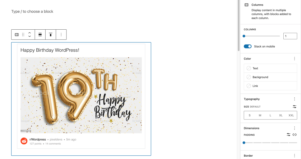 Reddit embed inside the column block
