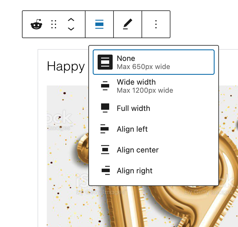 Alignment options for the block: wide width, full width, align left, align center, and align right.