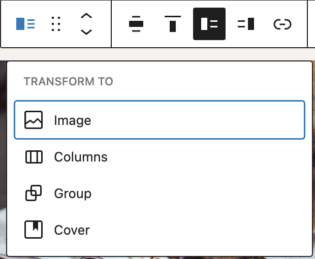Transform options for the Media & Text Block.