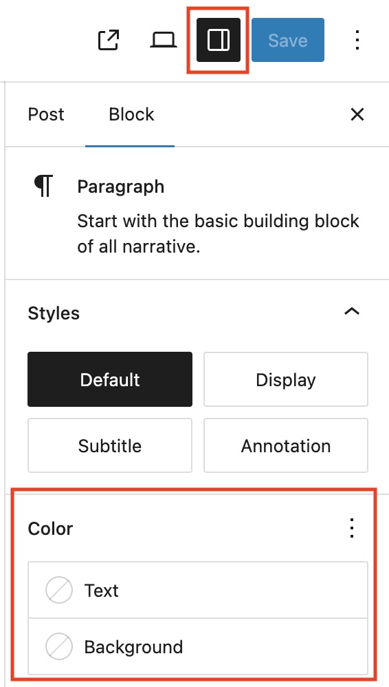 Color settings of Paragraph block