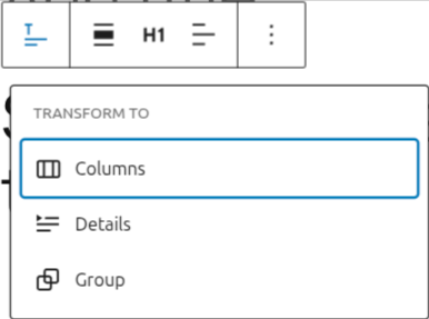 Transform options in the search results title block