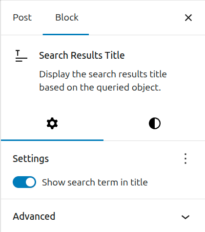 Settings in the search results title block