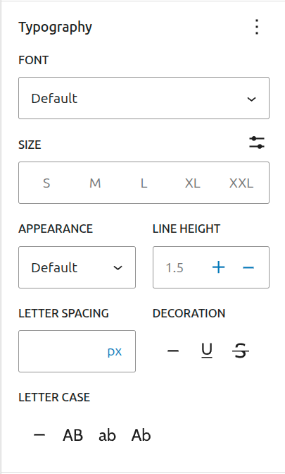 Typography controls including font familt, size, appearance, line height, letter spacing, decoration and letter case