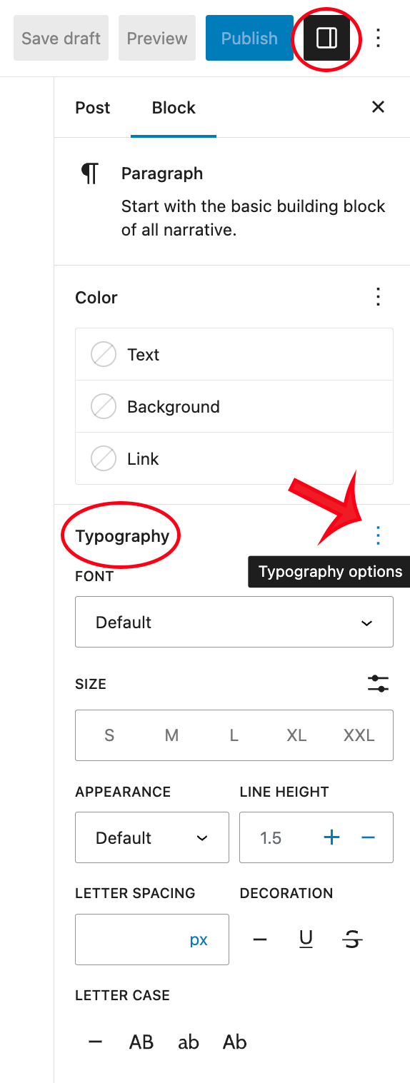 Typography controls on the settings sidebar 