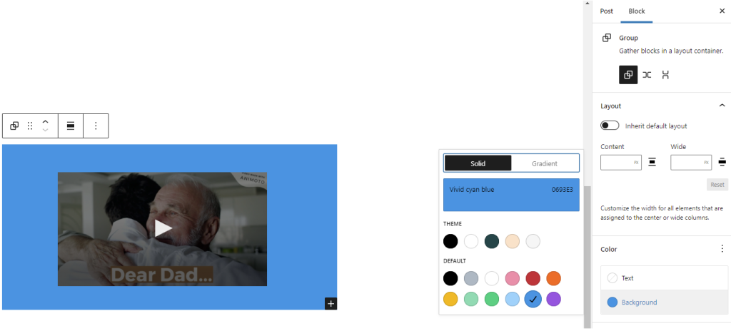 Editor view of an Animoto Embed as a group with Color Settings controls