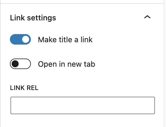 Link settings in the Post Title block