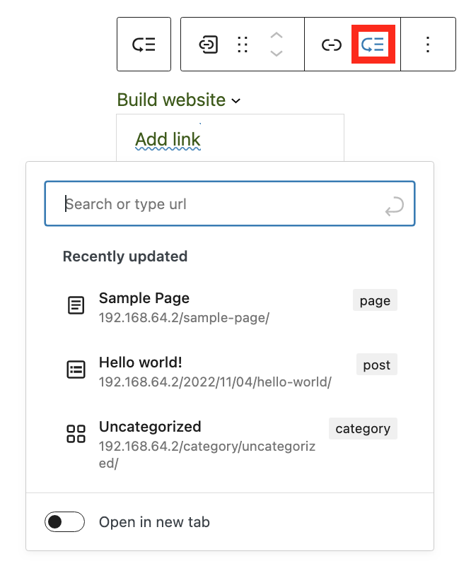 WordPress editor Submenu section in the Navigation block applied to the selected Custom Link with the options to type URL or select an item.