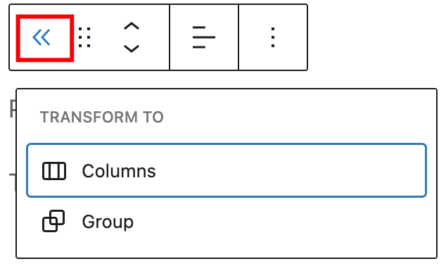 The transform button on the post navigation link block toolbar