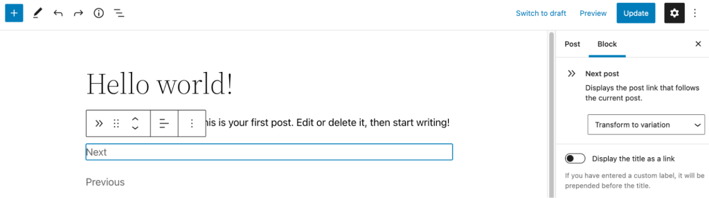 WordPress block editor with a post navigation link block selected