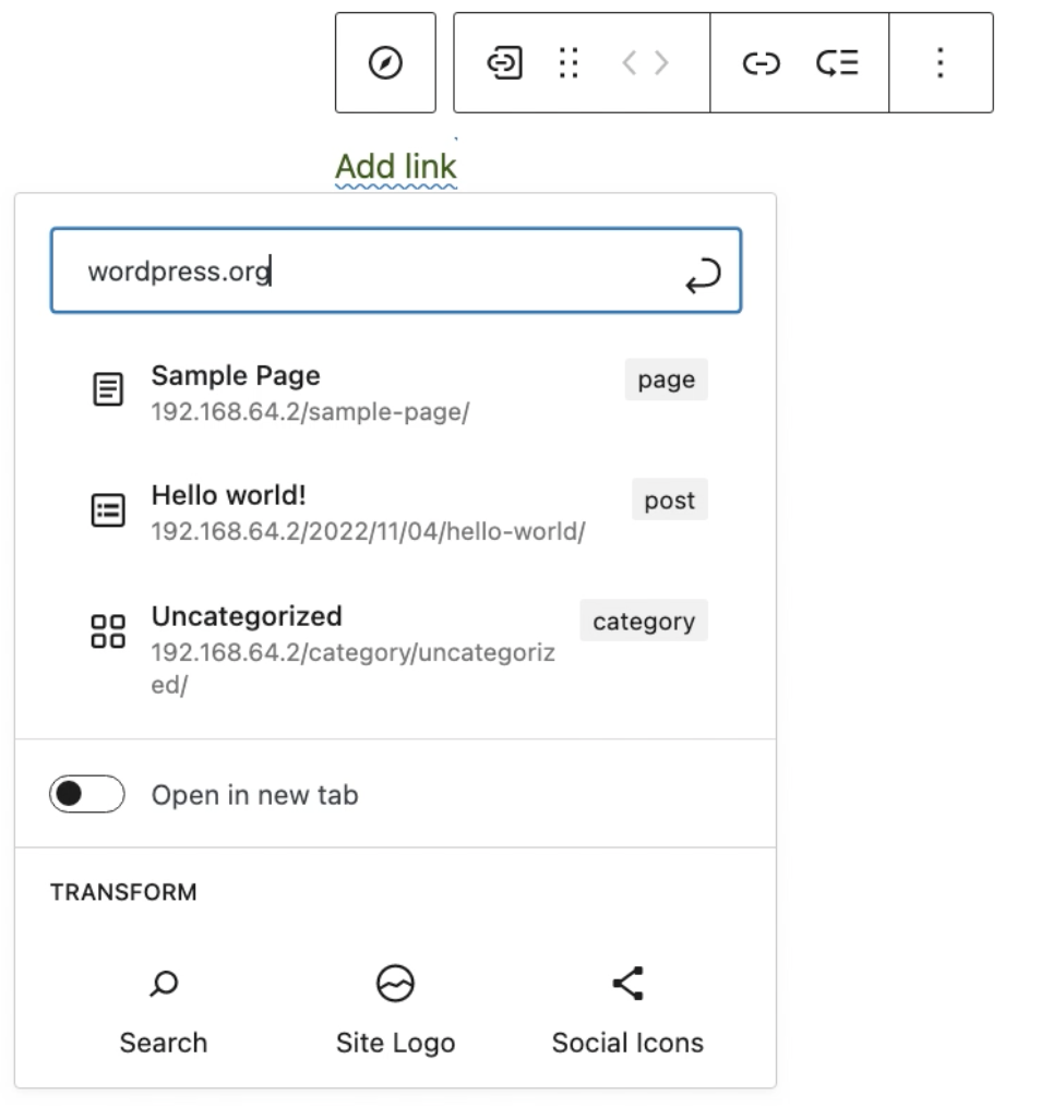 WordPress editor block: Add link window with typed URL, toolbar, and options for updating the link.