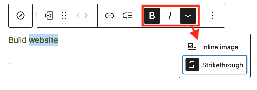 WordPress Custom Link block toolbar with selected text formation and additional options unwrapped, followed by the edited block example.