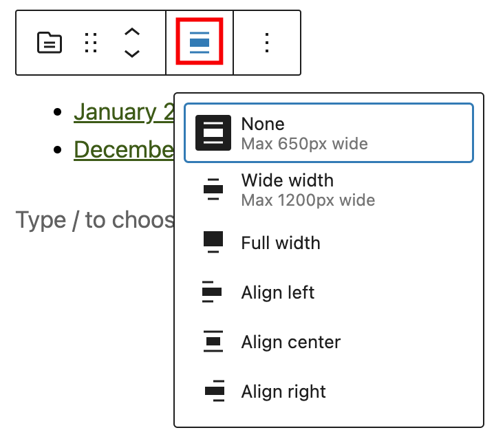 Block alignment options on the toolbar