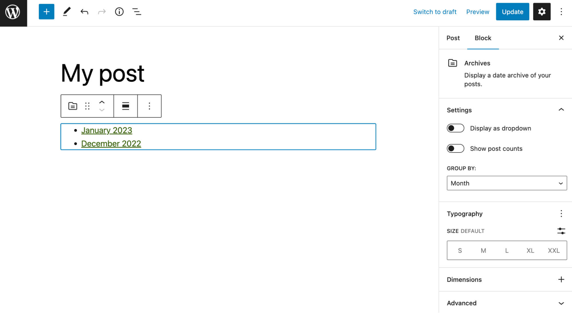 The archive block in the site editor