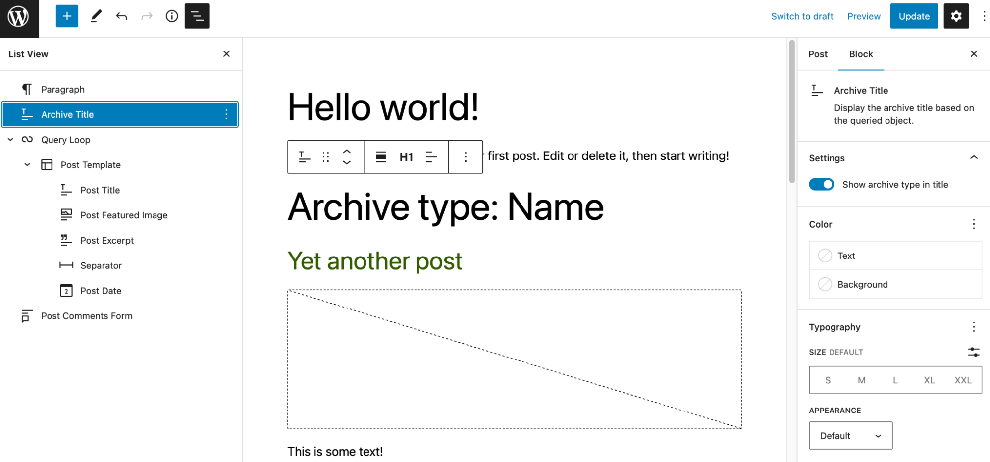 The archive title block on the site editor